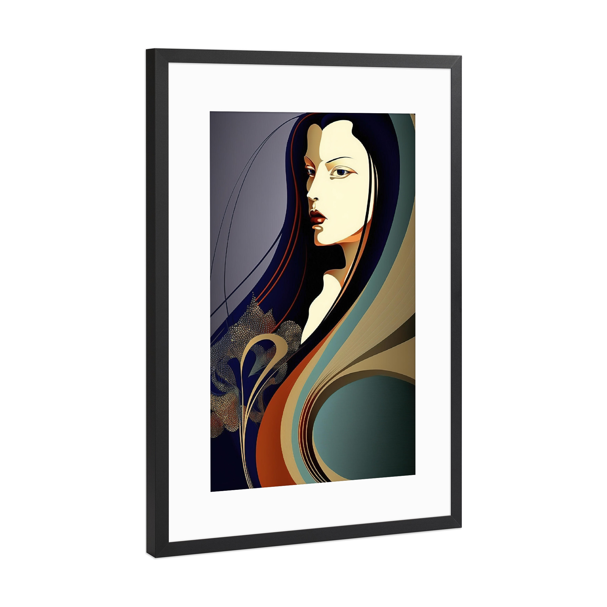 Poster mit Rahmen Schwarz (Metallic) "Porträt einer Frauen" artboxONE - Abstrakt,Menschen - Frau,Porträt,Lange haar,Elegant,Abstrakt,Art deco,Model