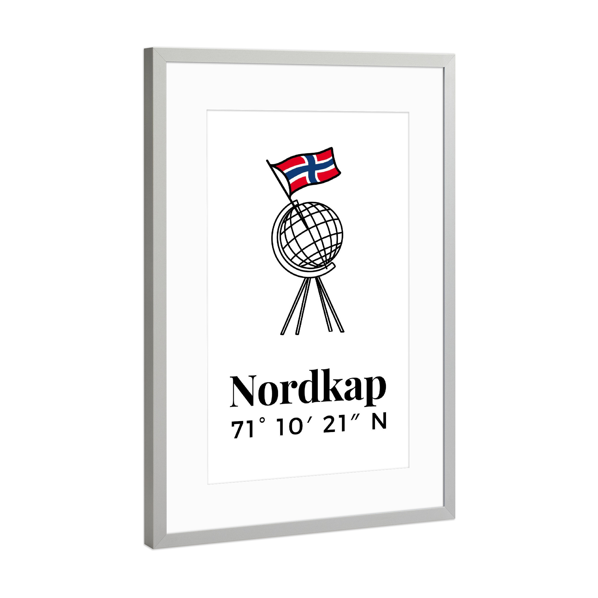 Poster mit Rahmen Silber "Nordkap Norwegen Globus Flagge" artboxONE - Typografie,Reise,Architektur,Reise / Strand und Meer
