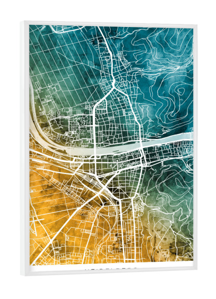 Poster mit weißem Rahmen "Heidelberg Stadtplan Blaugrün" artboxONE - Städte - Heidelberg,Deutschland,Stadtkarte,Karte,Aquarell,Malerei