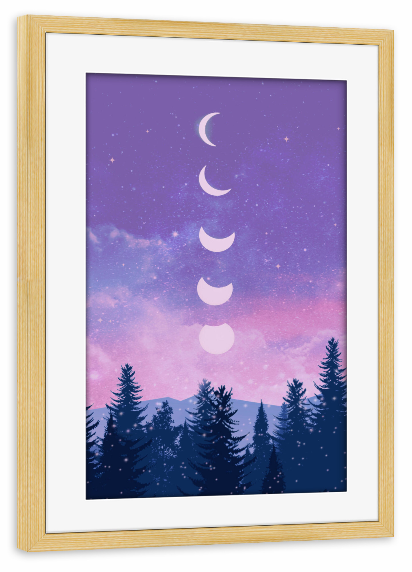 Poster mit Rahmen kiefer "Friedliche Nacht" artboxONE - Natur - Mond,Mondphasen,Nacht,Baum,Wald,Frieden,Sterne
