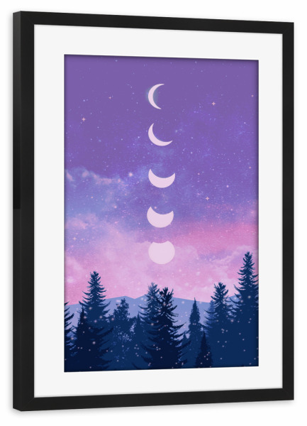 Poster mit Rahmen schwarz "Friedliche Nacht" artboxONE - Natur - Mond,Mondphasen,Nacht,Baum,Wald,Frieden,Sterne
