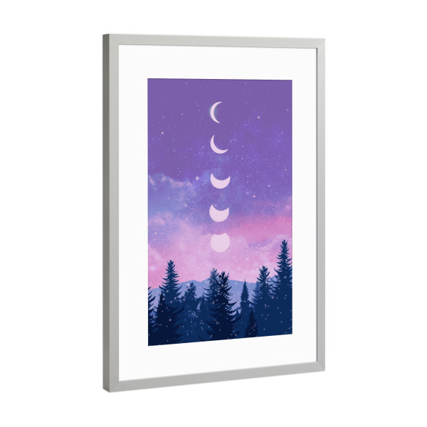 Poster mit Rahmen Silber "Friedliche Nacht" artboxONE - Natur - Mond,Mondphasen,Nacht,Baum,Wald,Frieden,Sterne