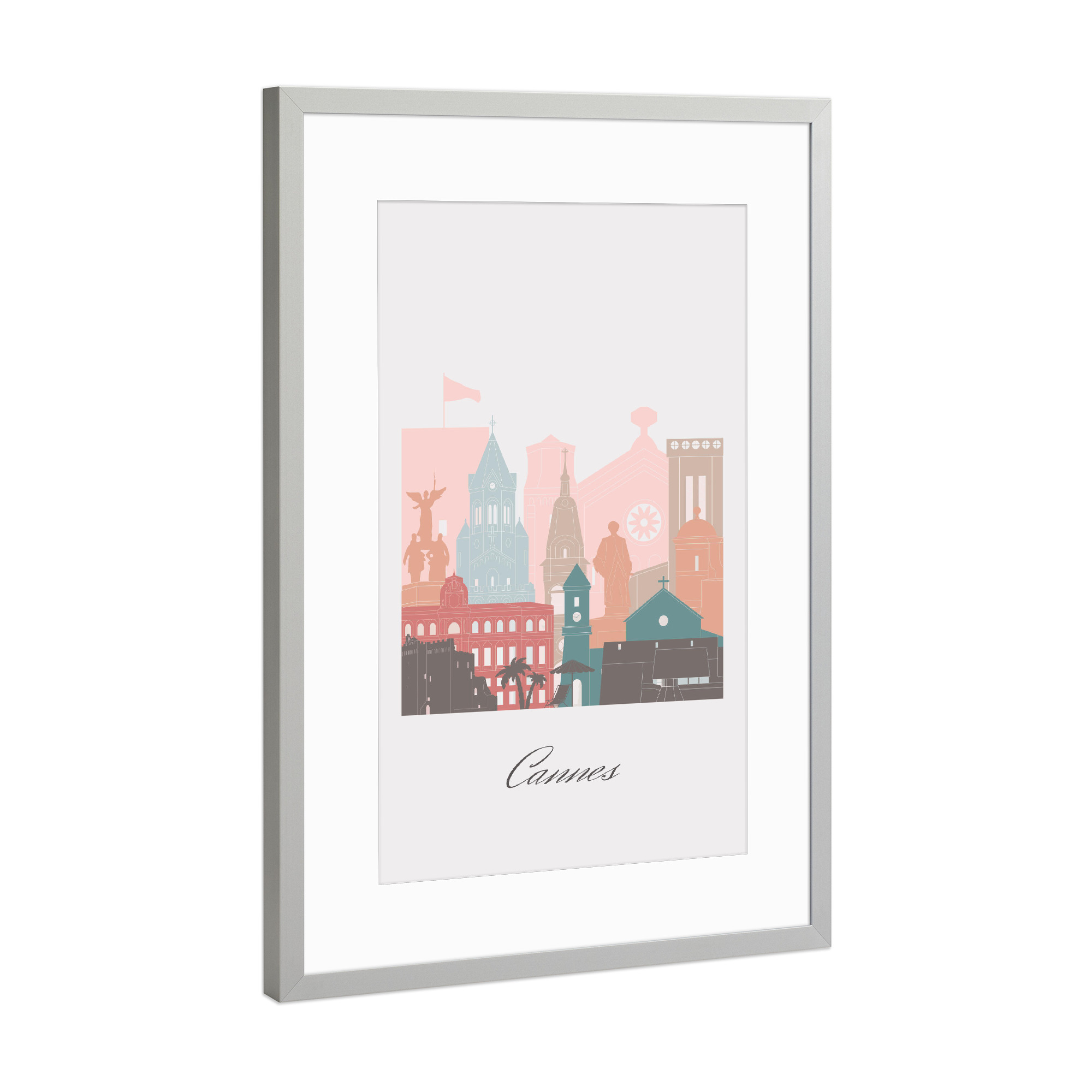 Poster mit Rahmen Silber "Skyline von Cannes im Pastellstil" artboxONE - Städte,Reise,Architektur,Kartografie