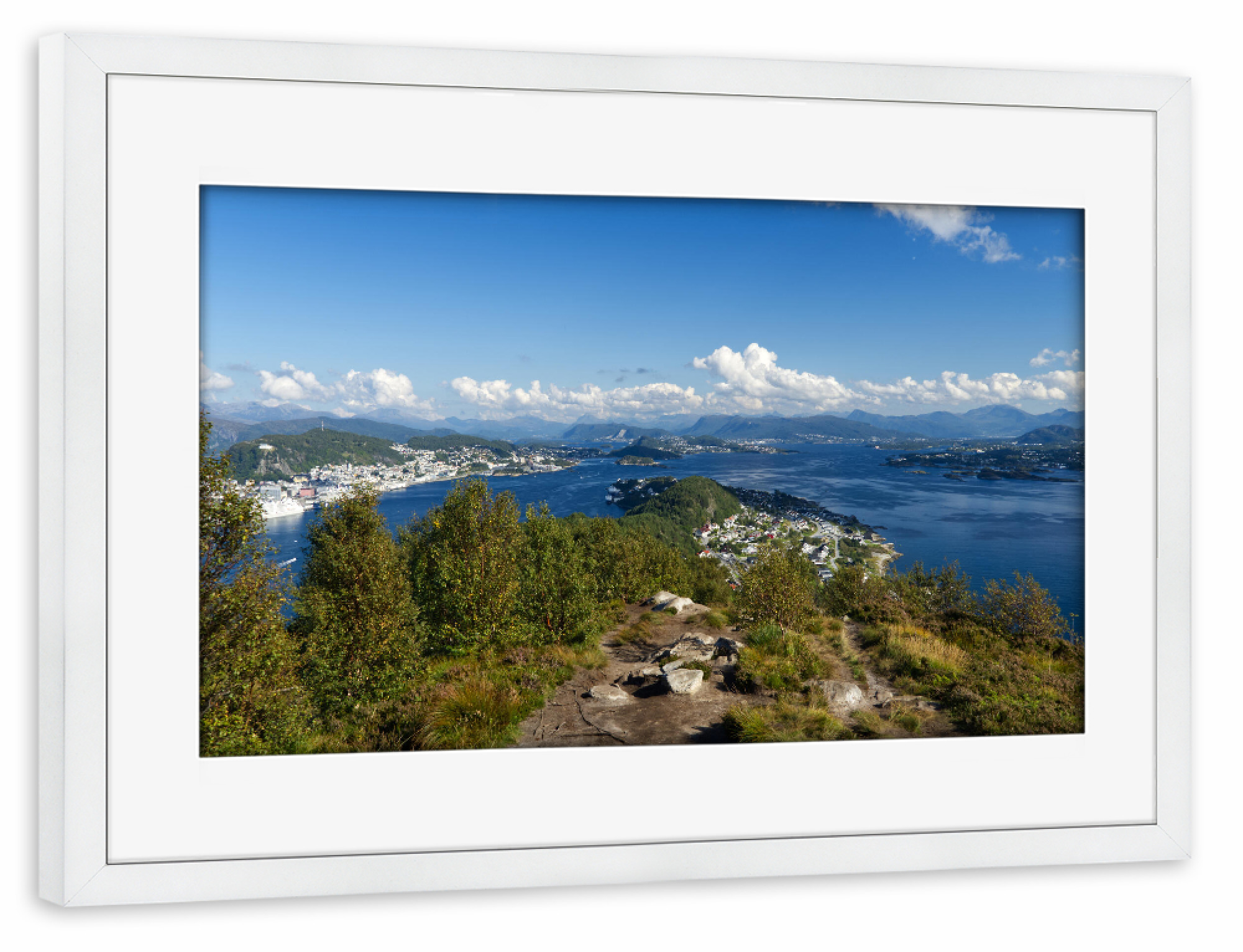Poster mit Rahmen weiß "Fjordblick am Sukkertoppen" artboxONE - Natur,Reise,Reise / Strand und Meer,Reise / Länder