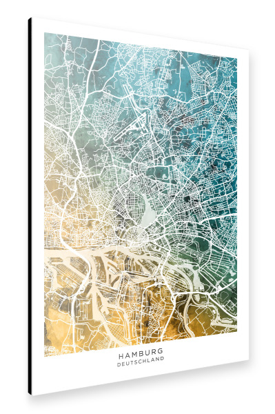 Alu-Dibond "Hamburg Stadtplan Blaugrün" 30x20 cm artboxONE