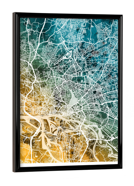 Poster mit schwarzem Rahmen "Hamburg Stadtplan Blaugrün" artboxONE - Städte - Hamburg,Deutschland,Stadtkarte,Karte,Aquarell,Malerei