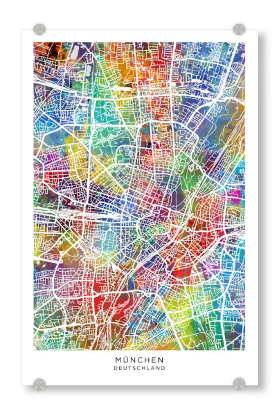 Acrylglasbild "München Stadtplan Farbe" artboxONE - Städte - München,Deutschland,Stadtkarte,Karte,Aquarell,Malerei