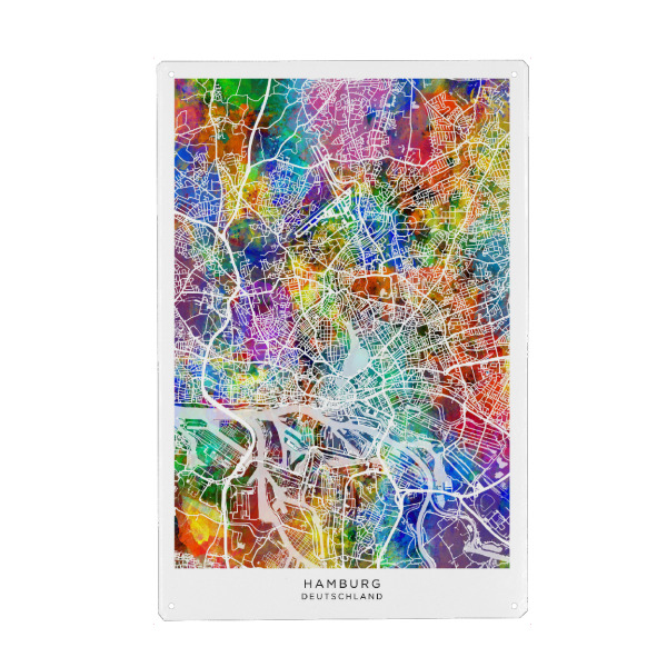 Metall Poster "Hamburg Stadtplan Farbe" artboxONE - Städte - Hamburg,Deutschland,Stadtkarte,Karte,Aquarell,Malerei - Blechschild