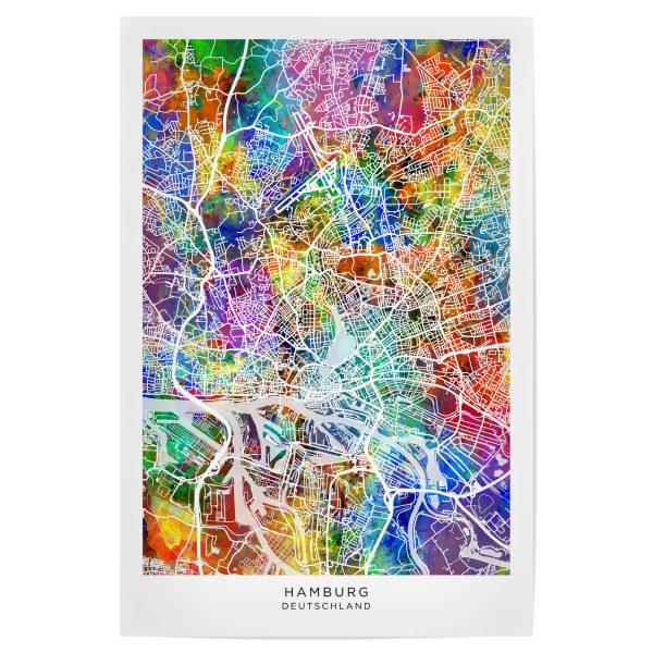 Poster 30x20 cm "Hamburg Stadtplan Farbe" artboxONE - Städte - Hamburg,Deutschland,Stadtkarte,Karte,Aquarell,Malerei