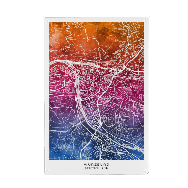 Metall Poster "Würzburg Stadtplan Blend" artboxONE - Städte - Würzburg,Deutschland,Stadtkarte,Karte,Aquarell,Malerei - Blechschild