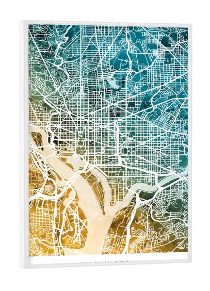 Poster mit weißem Rahmen "Washington Skyline Blaugrün" artboxONE - Städte - Washington,Dc,Stadtkarte,Karte,Aquarell,Malerei