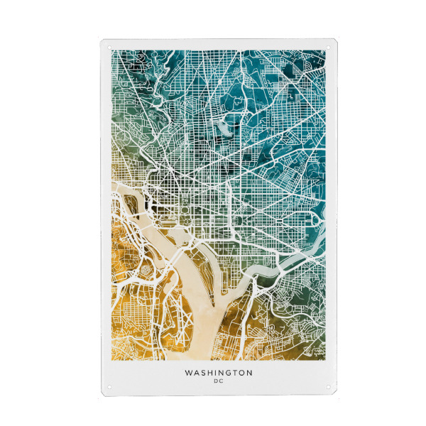 Holzbild "Washington Skyline Blaugrün" artboxONE - Städte - Washington,Dc,Stadtkarte,Karte,Aquarell,Malerei