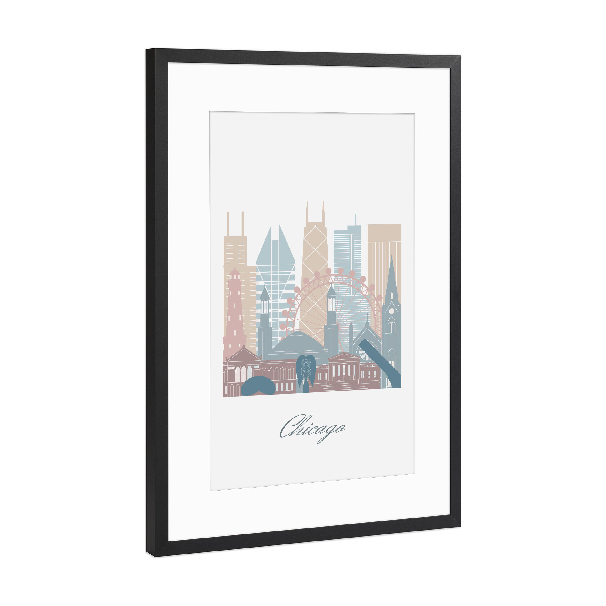 Poster mit Rahmen Schwarz (Metallic) "Chicago-Skyline im Erdtöne-Stil" artboxONE - Städte,Reise,Architektur,Städte / Chicago,Kartografie