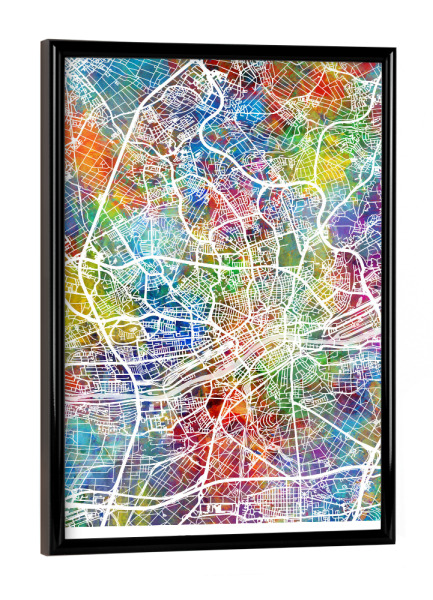 Poster mit schwarzem Rahmen "Frankfurt Stadtplan Farbe" artboxONE - Städte - Frankfurt,Deutschland,Stadtkarte,Karte,Aquarell,Malerei