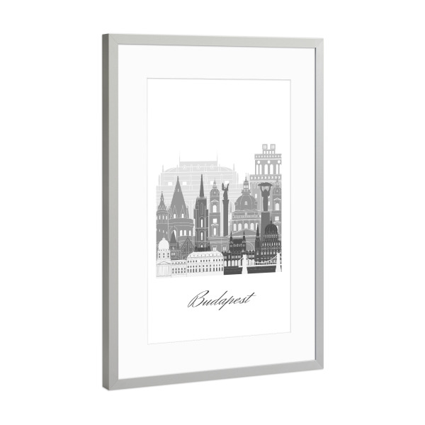 Poster mit Rahmen Silber "Budapester Skyline sw" artboxONE - Städte,Reise,Architektur,Städte / Budapest,Kartografie