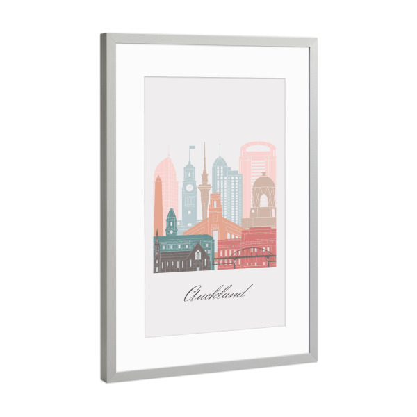 Poster mit Rahmen Silber "Skyline von Auckland Pastell" artboxONE - Städte,Reise,Architektur,Kartografie