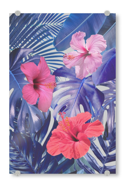 Acrylglasbild "Botanical Blues" artboxONE - Natur,Floral - Palmen,Blätter,Pflanzen,Hibiskus,Monstera,Strelitzie,Blau,Pink