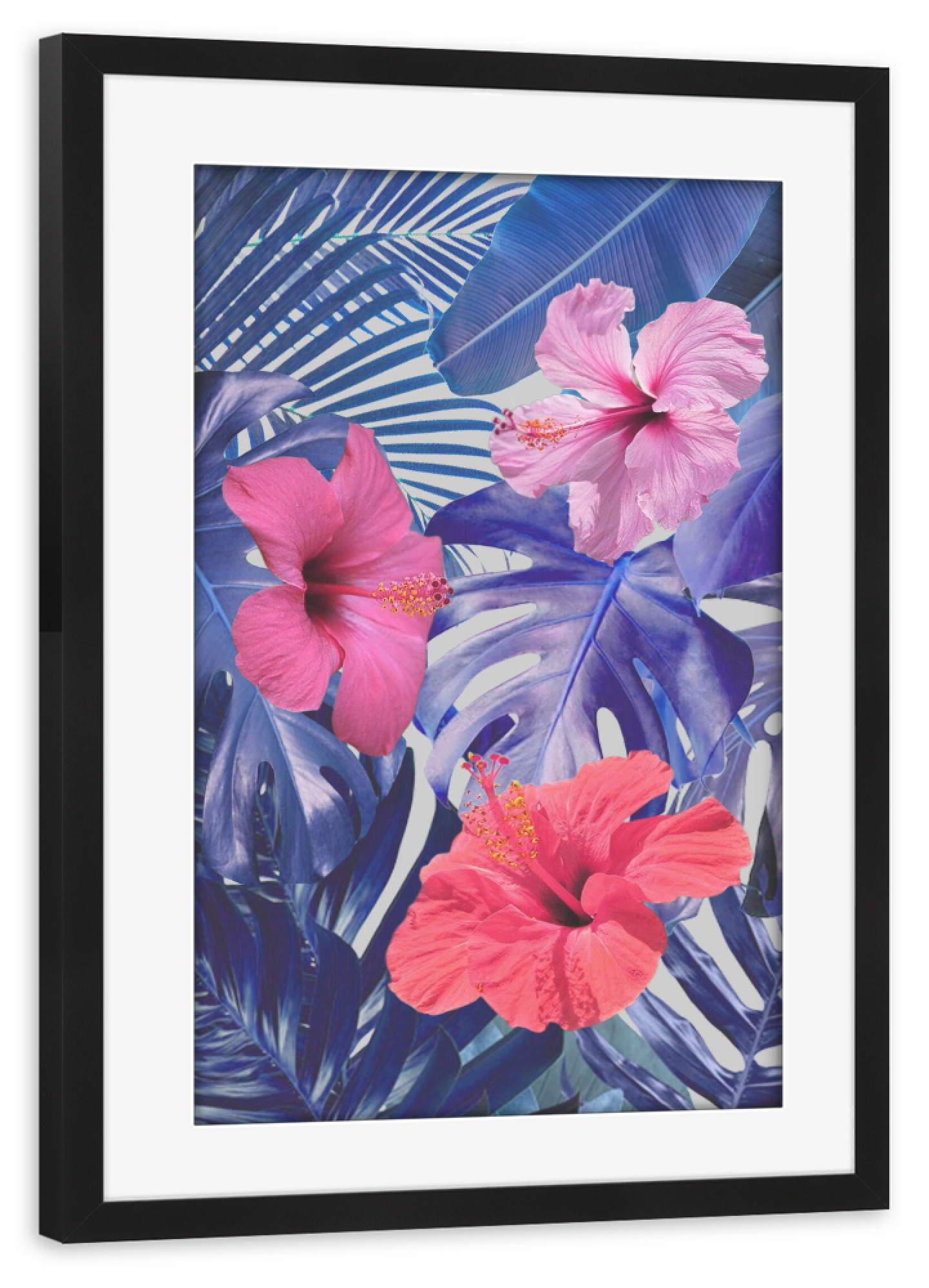 Poster mit Rahmen schwarz "Botanical Blues" artboxONE - Natur,Floral - Palmen,Blätter,Pflanzen,Hibiskus,Monstera,Strelitzie,Blau,Pink