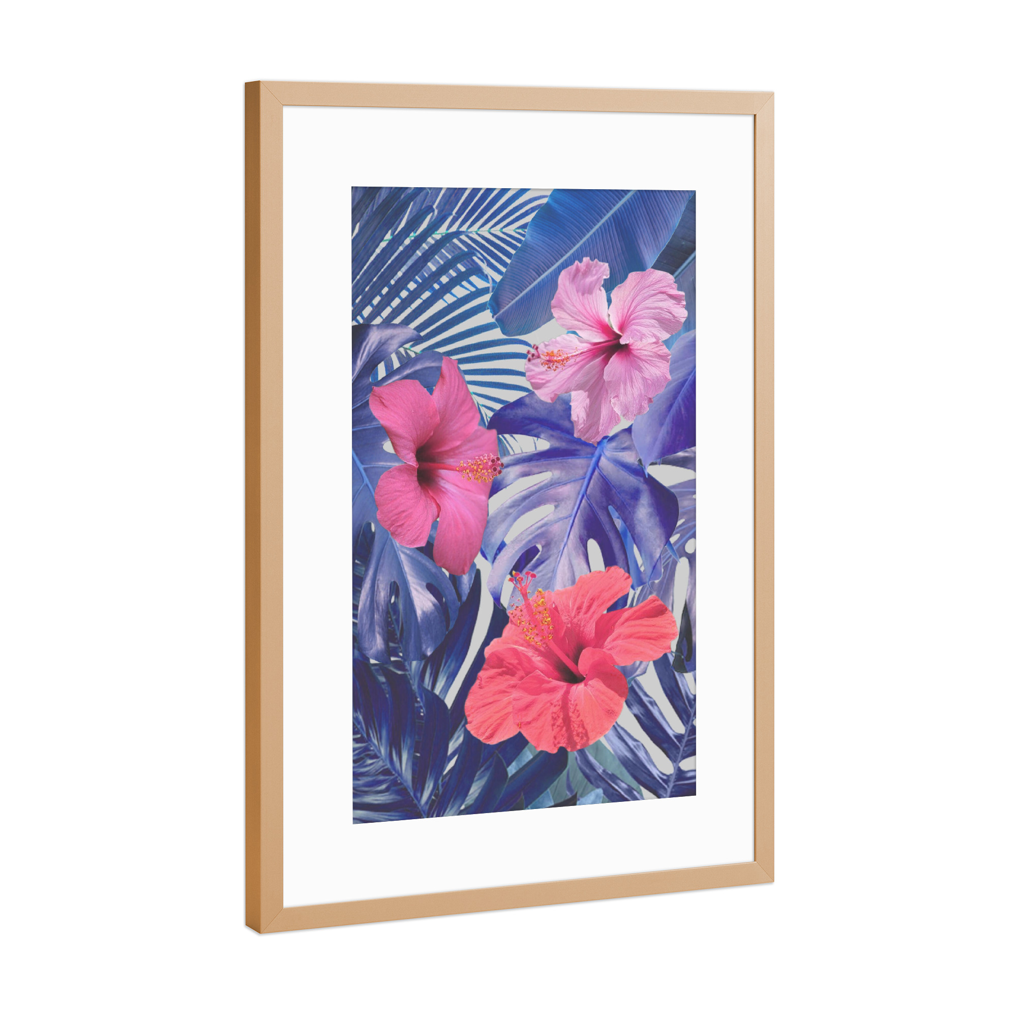 Poster mit Rahmen Kupfer "Botanical Blues" artboxONE - Natur,Floral - Palmen,Blätter,Pflanzen,Hibiskus,Monstera,Strelitzie,Blau,Pink