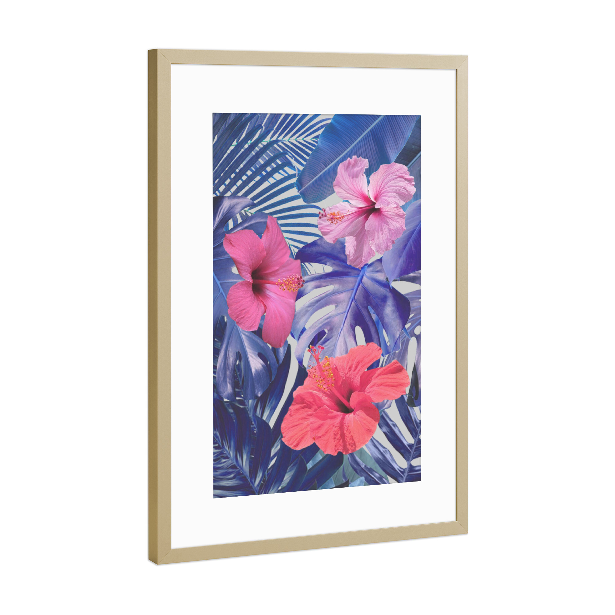 Poster mit Rahmen Gold "Botanical Blues" artboxONE - Natur,Floral - Palmen,Blätter,Pflanzen,Hibiskus,Monstera,Strelitzie,Blau,Pink