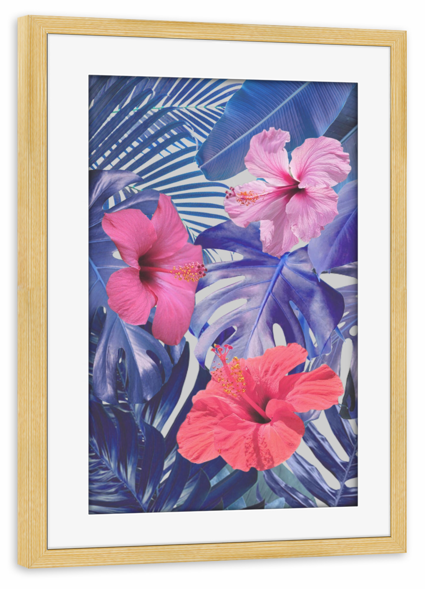 Poster mit Rahmen kiefer "Botanical Blues" artboxONE - Natur,Floral - Palmen,Blätter,Pflanzen,Hibiskus,Monstera,Strelitzie,Blau,Pink
