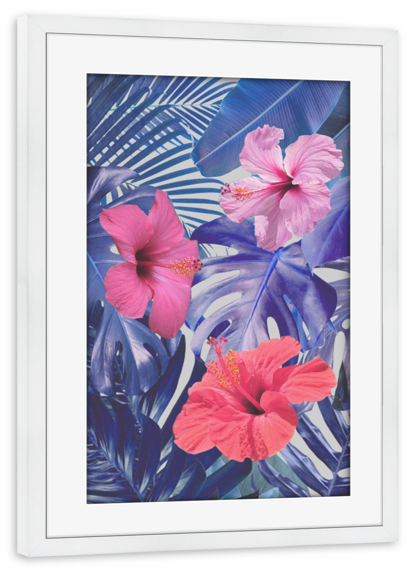 Poster mit Rahmen weiß "Botanical Blues" artboxONE - Natur,Floral - Palmen,Blätter,Pflanzen,Hibiskus,Monstera,Strelitzie,Blau,Pink
