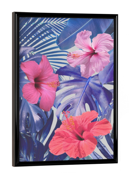 Poster mit schwarzem Rahmen "Botanical Blues" artboxONE - Natur,Floral - Palmen,Blätter,Pflanzen,Hibiskus,Monstera,Strelitzie,Blau,Pink