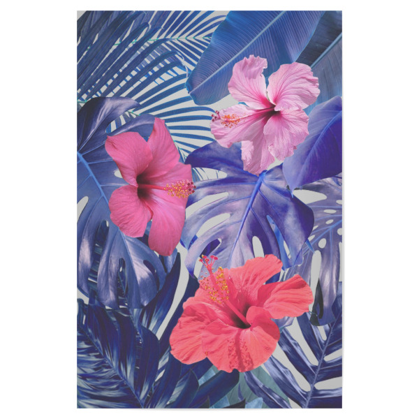 Poster 30x20 cm "Botanical Blues" artboxONE - Natur,Floral - Palmen,Blätter,Pflanzen,Hibiskus,Monstera,Strelitzie,Blau,Pink