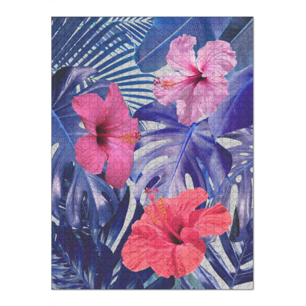 Puzzle Ravensburger "Botanical Blues" artboxONE - Natur,Floral - Palmen,Blätter,Pflanzen,Hibiskus,Monstera,Strelitzie,Blau,Pink - Bild palmen