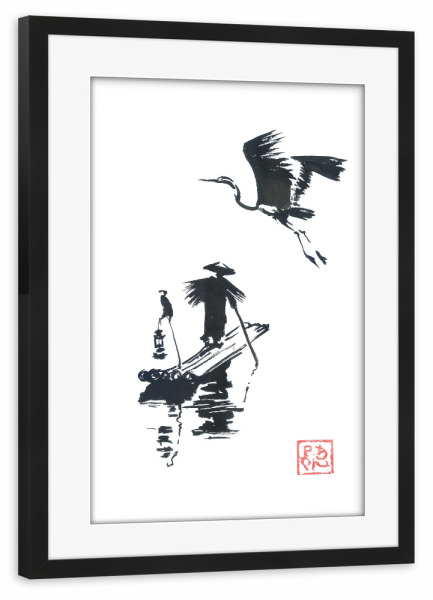 Poster mit Rahmen schwarz "Fischer und Storch" artboxONE - Tiere,Reise / Asien - Storch,Fischer,Boot,China,Japan,Sumie