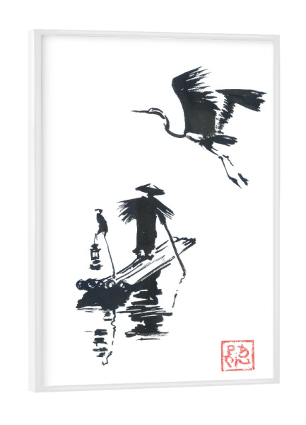 Poster mit weißem Rahmen "Fischer und Storch" artboxONE - Tiere,Reise / Asien - Storch,Fischer,Boot,China,Japan,Sumie