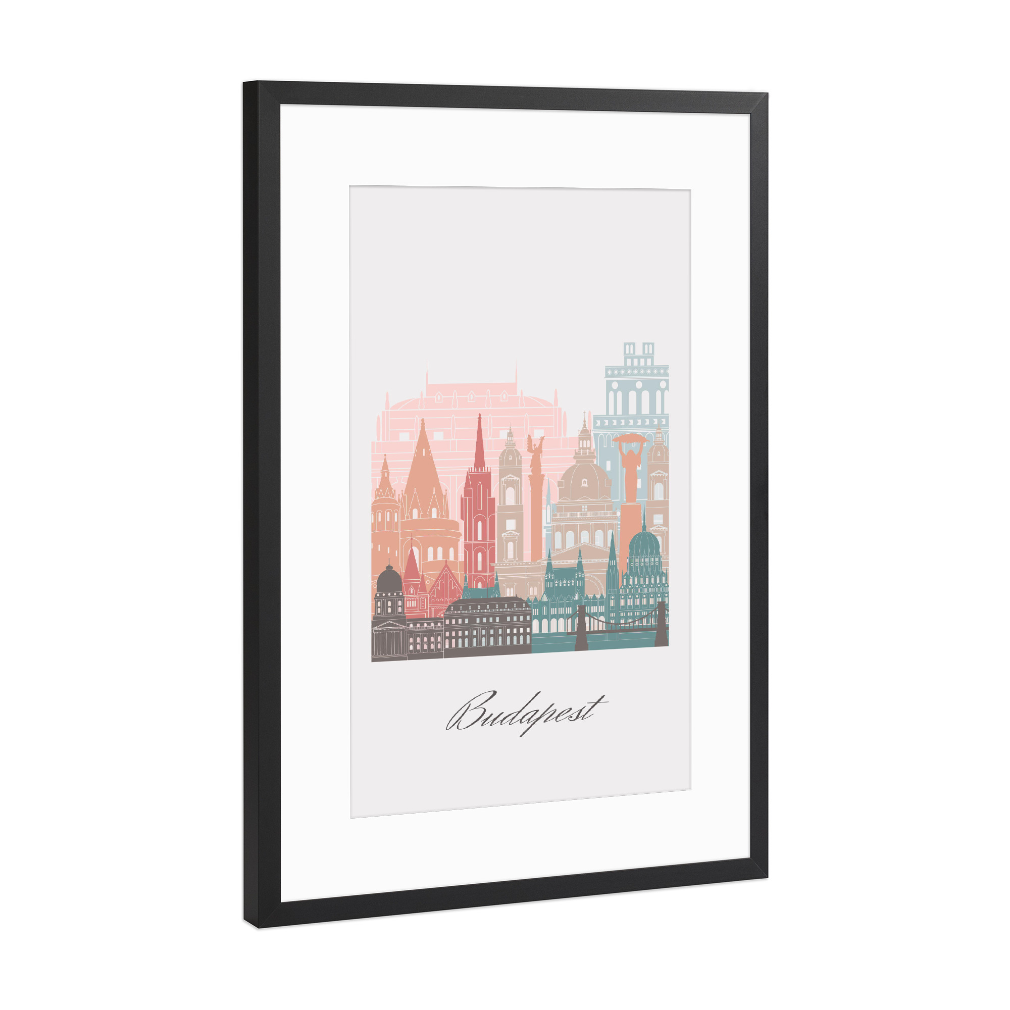 Poster mit Rahmen Schwarz (Metallic) "Budapester Skyline im Pastellstil" artboxONE - Städte,Reise,Architektur,Städte / Budapest,Kartografie