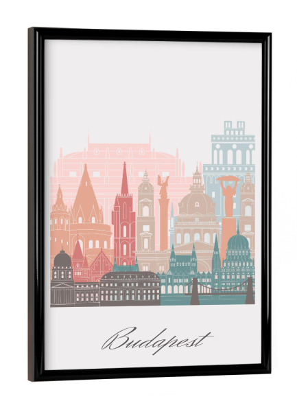 Poster mit schwarzem Rahmen "Budapester Skyline im Pastellstil" artboxONE - Städte,Reise,Architektur,Städte / Budapest,Kartografie