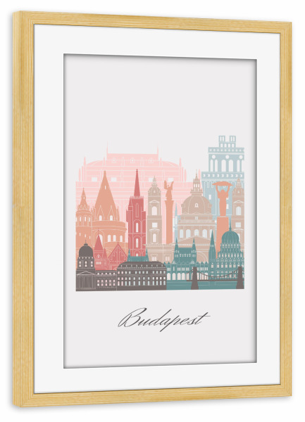 Poster mit Rahmen kiefer "Budapester Skyline im Pastellstil" artboxONE - Städte,Reise,Architektur,Städte / Budapest,Kartografie