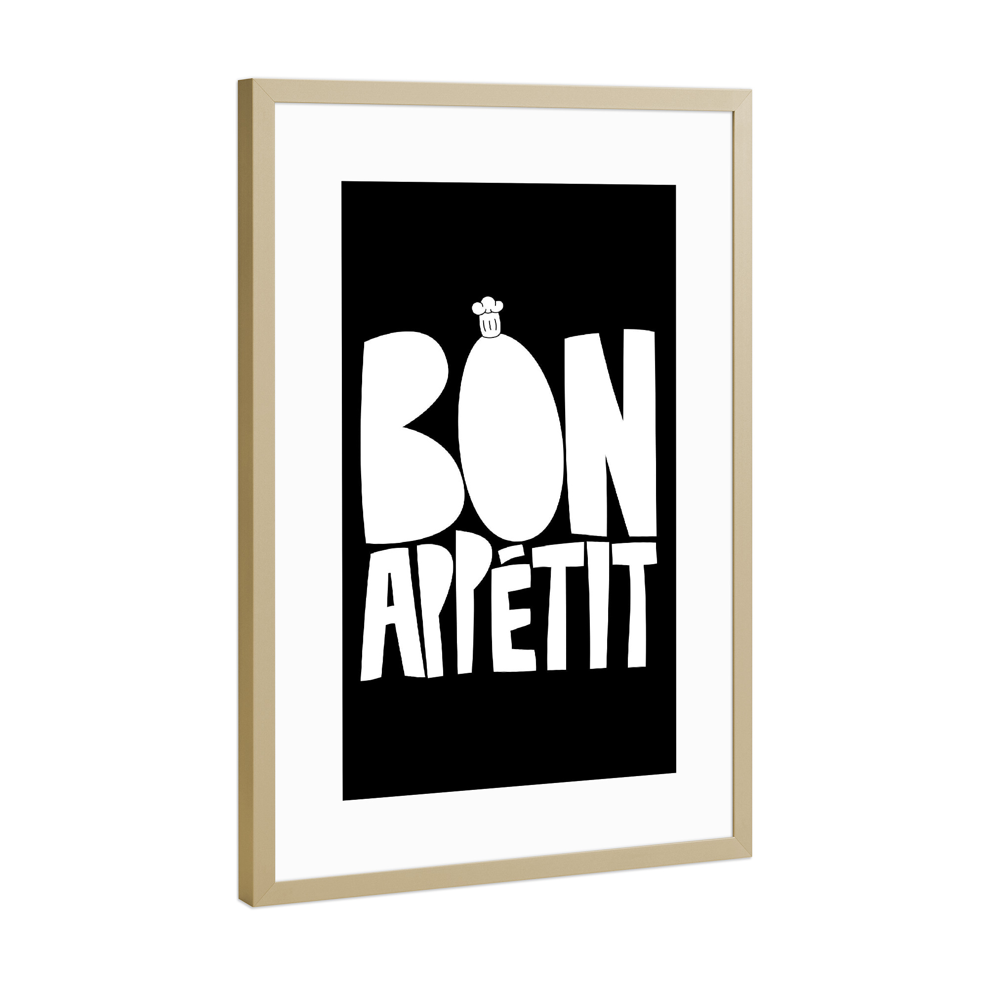 Poster mit Rahmen Gold "Bon Appetit (No.2)" artboxONE - Typografie,Essen & Trinken,Schwarzweiß,Essen & Trinken / Obst & Gemüse,Lustig
