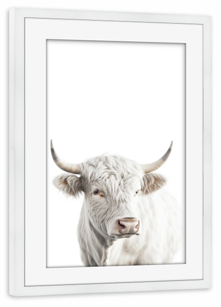 Poster mit Rahmen weiß "Portrait Rind Stier" artboxONE - Tiere - Rind,Weiß,Hörner,Tier,Stier,Minimalist,Portrait,Tierportrait,Kuh