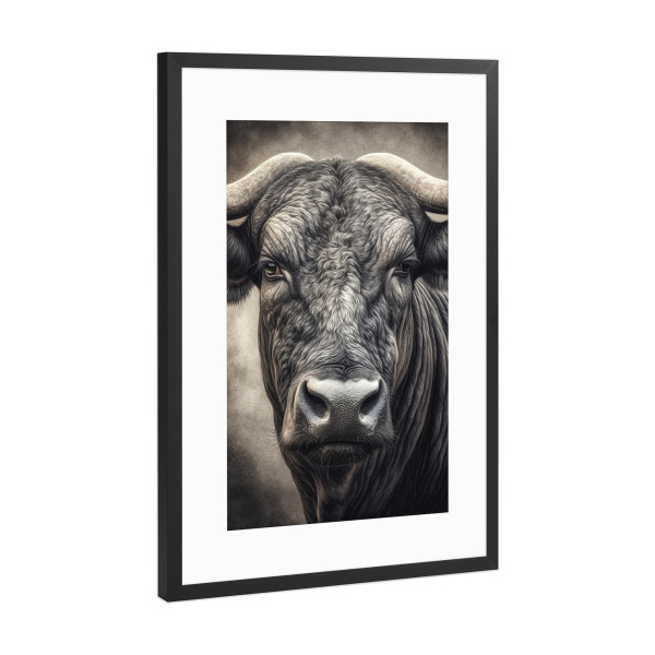 Poster mit Rahmen Schwarz (Metallic) "Büffel in der Natur" artboxONE - Tiere - Büffel,Tier,Afrika,Portrait,Rind,Schwarzweiß,Animal,Steppe,Buffalo
