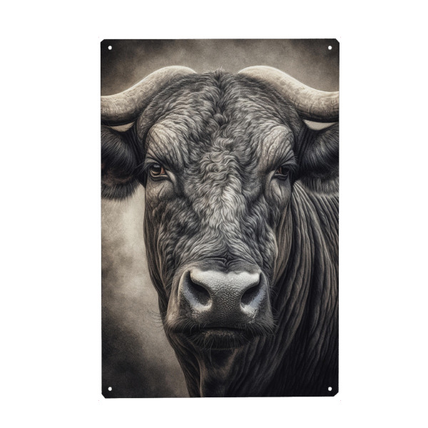 Metall Poster "Büffel in der Natur" artboxONE - Tiere - Büffel,Tier,Afrika,Portrait,Rind,Schwarzweiß,Animal,Steppe,Buffalo - Blechschild