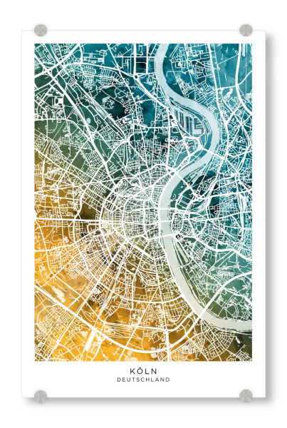 Acrylglasbild "Köln Stadtplan Blaugrün" artboxONE - Städte - Köln,Deutschland,Stadtkarte,Karte,Aquarell,Malerei