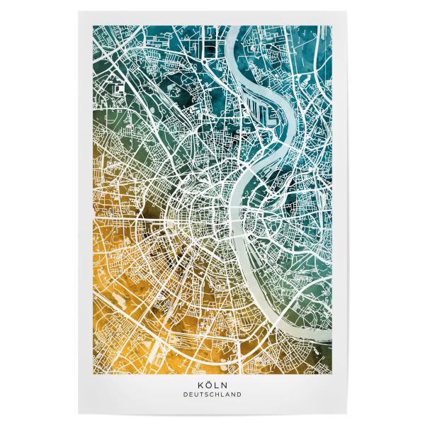 Poster "Köln Stadtplan Blaugrün" artboxONE - Städte - Köln,Deutschland,Stadtkarte,Karte,Aquarell,Malerei