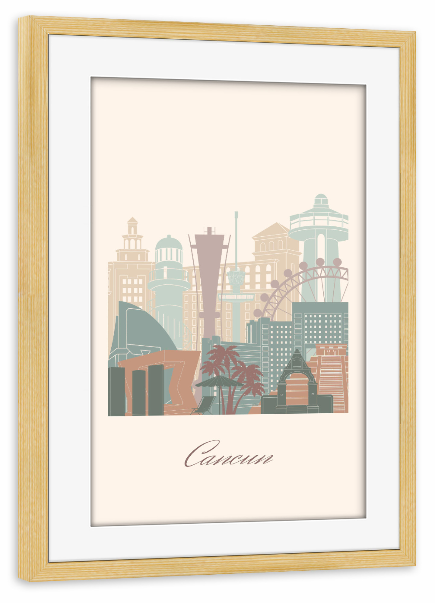 Poster mit Rahmen kiefer "Cancun Skyline im Salbeigrün-Stil" artboxONE - Städte,Reise,Architektur,Kartografie