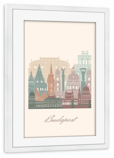Poster mit Rahmen weiß "Budapester Skyline - Salbeigrün" artboxONE - Städte,Reise,Architektur,Städte / Budapest,Kartografie