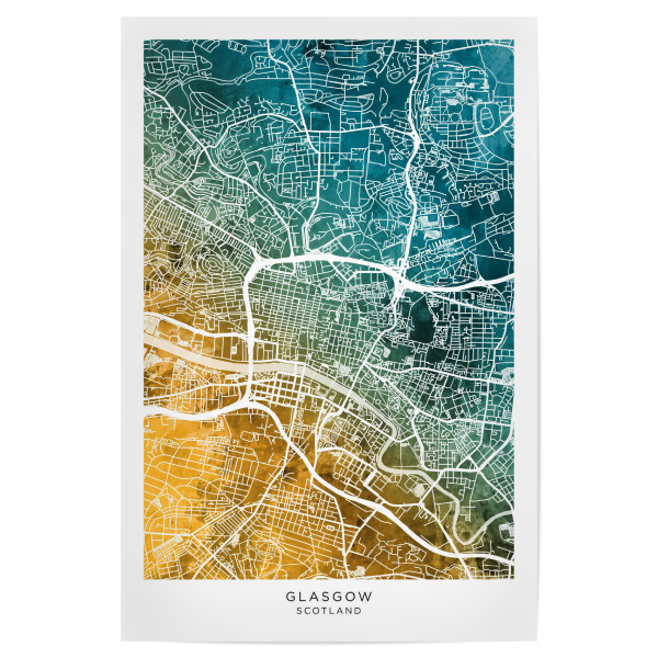 Poster 30x20 cm "Glasgow-Straßenkarte, blaugrün" artboxONE - Städte - Glasgow,Schottland,Stadtkarte,Karte,Stadtplan,Aquarell,Malerei