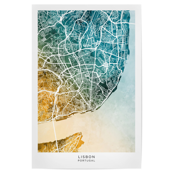 Poster 30x20 cm "Lissabon Stadtplan Blaugrün" artboxONE - Städte - Lissabon,Portugal,Stadtkarte,Karte,Stadtplan,Aquarell,Malerei