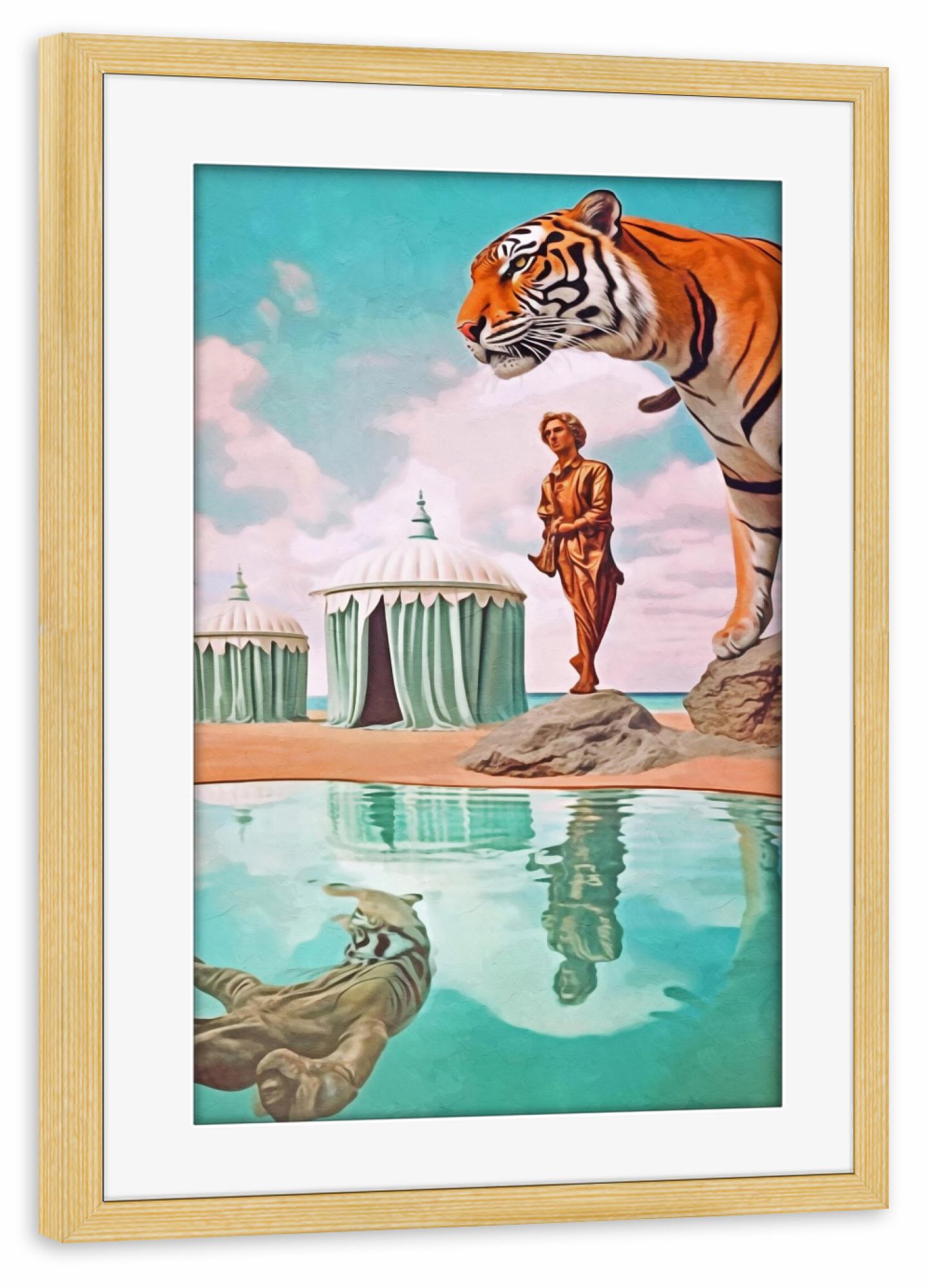 Poster mit Rahmen kiefer "SURREALISMUS-TIGER-POOL" artboxONE - Tiere,Abstrakt - Surrealismus,Innenarchitektur,Großes puzzle,Moderne kunst,Nachrichten