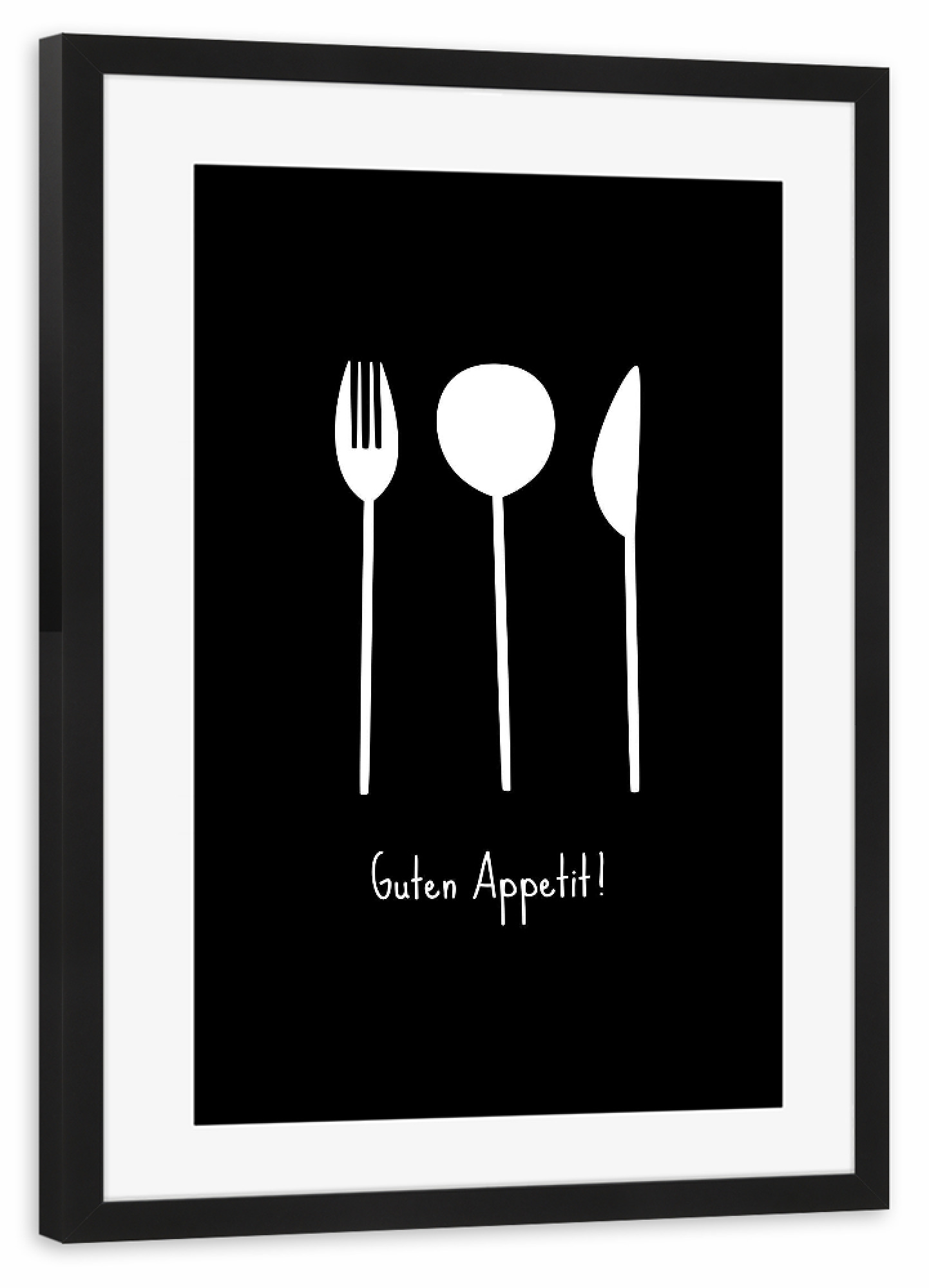 Poster mit Rahmen schwarz "Besteck - Guten Appetit (No.2)" artboxONE - Typografie,Essen & Trinken,Schwarzweiß,Essen & Trinken / Obst & Gemüse,Lustig