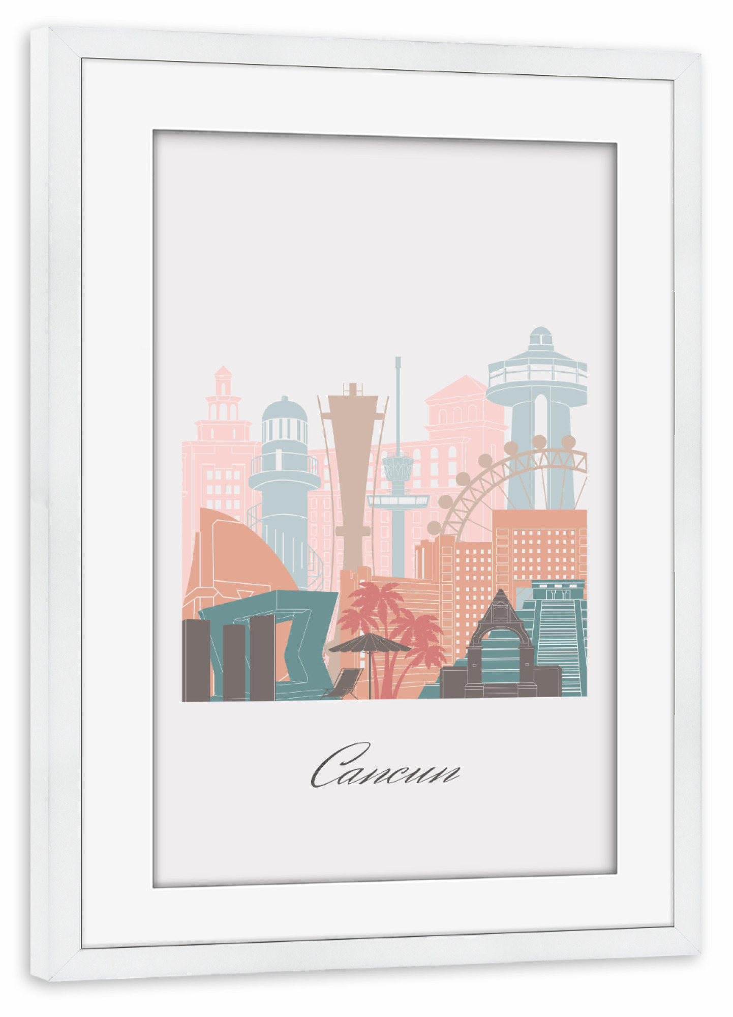 Poster mit Rahmen weiß "Skyline von Cancún im Pastellstil" artboxONE - Städte,Reise,Architektur,Kartografie