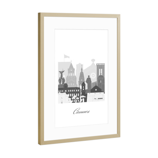 Poster mit Rahmen Gold "Skyline von Cannes in SW" artboxONE - Städte,Reise,Architektur,Kartografie