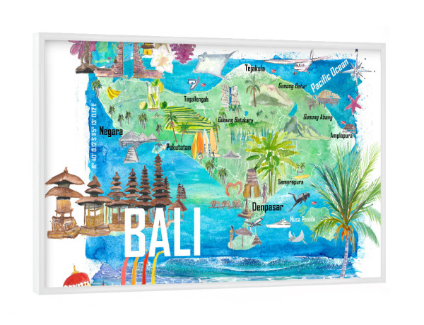 Poster mit weißem Rahmen "Bali Illustrierte Insel-Reisekarte" artboxONE - Reise / Strand und Meer,Reise / Asien,Kartografie