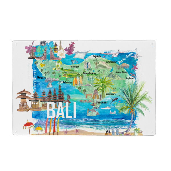 Metall Poster "Bali Illustrierte Insel-Reisekarte" artboxONE - Reise / Strand und Meer,Reise / Asien,Kartografie